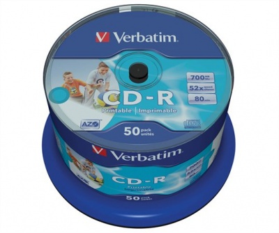 CD-R disk, potlačiteľný, matný, no-ID, AZO, 700MB, 52x, 50 ks, cake box, VERBATIM