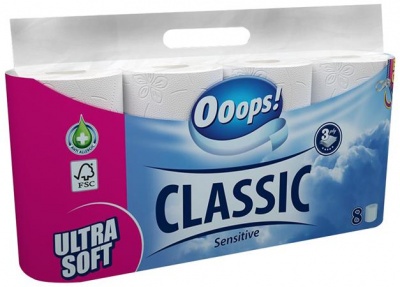 Toaletný papier, 3-vrstvový, malý kotúč, 8 kotúčov, OOOPS "Classic", sensitive