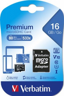 Pamäťová karta, microSDHC, 16GB, CL10/U1, 45/10 MB/s, s adaptérom, VERBATIM "Premium"