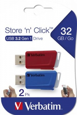 USB kľúč, 2 x 32GB, USB 3.2, 80/25MB/sec, VERBATIM "Store n Click", červená/modrá